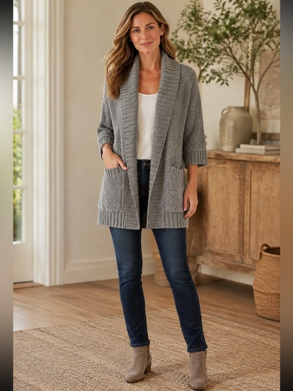 Chico’s Gray Chunky Knit Shawl Collar Pocket Cardigan Size 2 Medium/12